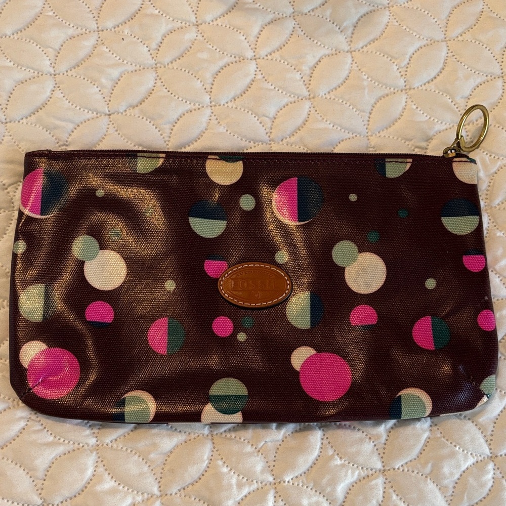 Fossil Brown Polka Dot Cosmetic Bag 11 x 9 in